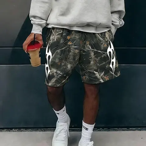 Men's Graphic Geometric Print Shorts with Pockets, Menswear Branch Full Print Street Style Loose Fit Casual Outdoor Shorts, Spring & Fall Fashion, Casual Streetwear Shorts