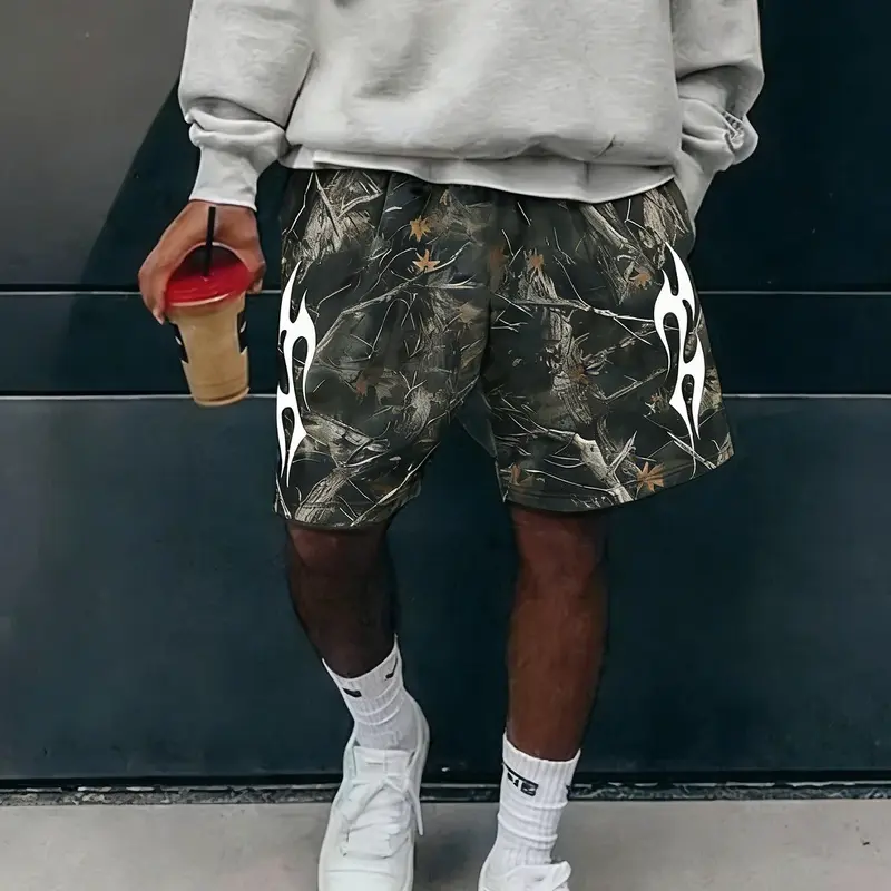 Men's Graphic Geometric Print Shorts with Pockets, Menswear Branch Full Print Street Style Loose Fit Casual Outdoor Shorts, Spring & Fall Fashion, Casual Streetwear Shorts
