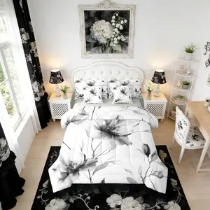 Black and White Floral Comforter Set with Sheets,Boho Flower 7 Pcs Bedding Set for Women Men,Artistic Watercolor Floral Bed Set,Ink Painting Style Blossom & Leaf Bed in A Bag
