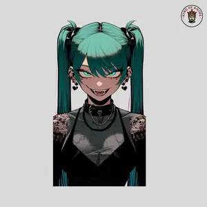 Miku Sticker, Vampire Gothic Vinyl Sticker, Laptop and Phone Decor, Miku with Fangs, Tattoos, and Skull Accessories