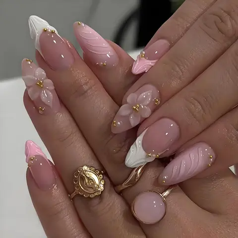 3D Pink Press on Nails Almond - Medium French Tip Fake Nails with Embossed Flower&Gold Bead Designs, Glossy Finish Reusable False Nails with Glue Tabs - 24Pcs Nail Kit for Women Manicure