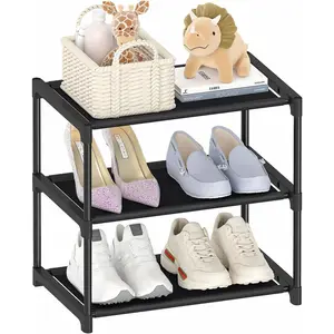 3 Tier Small Shoe Rack, Narrow Stackable   Adult Shoe Storage Organizer Shelf for Closet Floor Front Door Entrance Entryway, Free Standing Shoe Rack Organization Shelves
