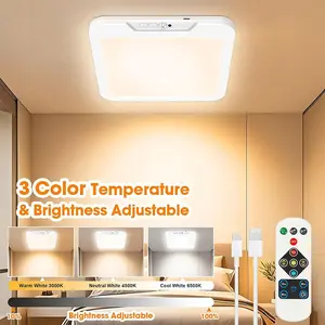 Sensor Ceiling Light, Modern LED Square Ultra-Thin Ceiling Lamp, Wireless Magnetic Installation, USB Charging, Remote-Controlled Three-Color Dimming, For Bedrooms, Living Rooms, Hallways, Simple Home Interior Lighting