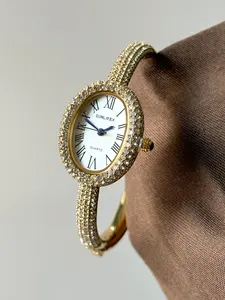 Women's Rhinestone Bracelet Watch, Trendy Exquisite Wristwatch, Roman Numeral Design, Luxury Quartz Elegant Oval Watch, Casual Fashion Jewelry Gift, Quartz Analog Watch