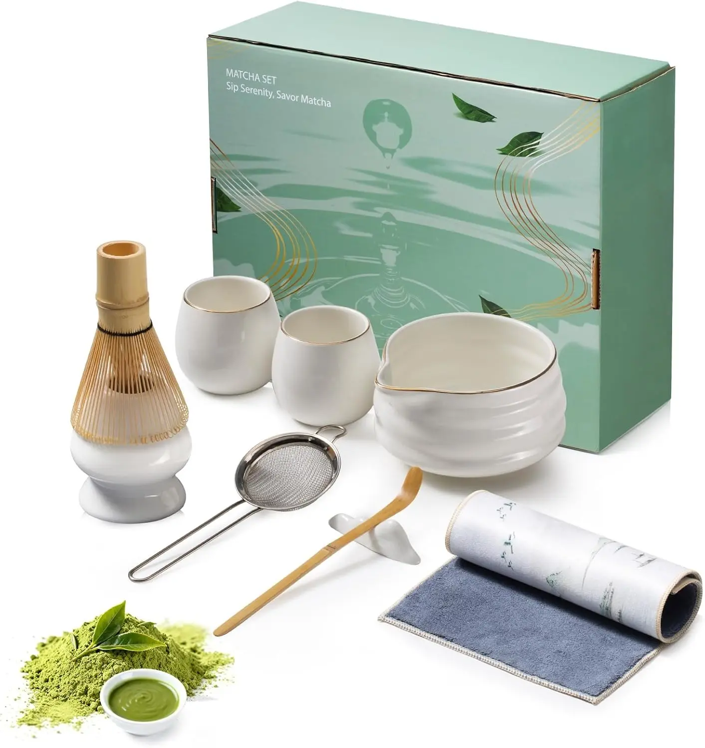 9-Piece Japanese Matcha Set, White Ceramic Tea Making Kit Gift Box | 18oz bowl, 2 gold-inlaid cups, sifter & whisk holder, handcrafted bamboo tools, ideal gift for beginners & matcha tea lovers
