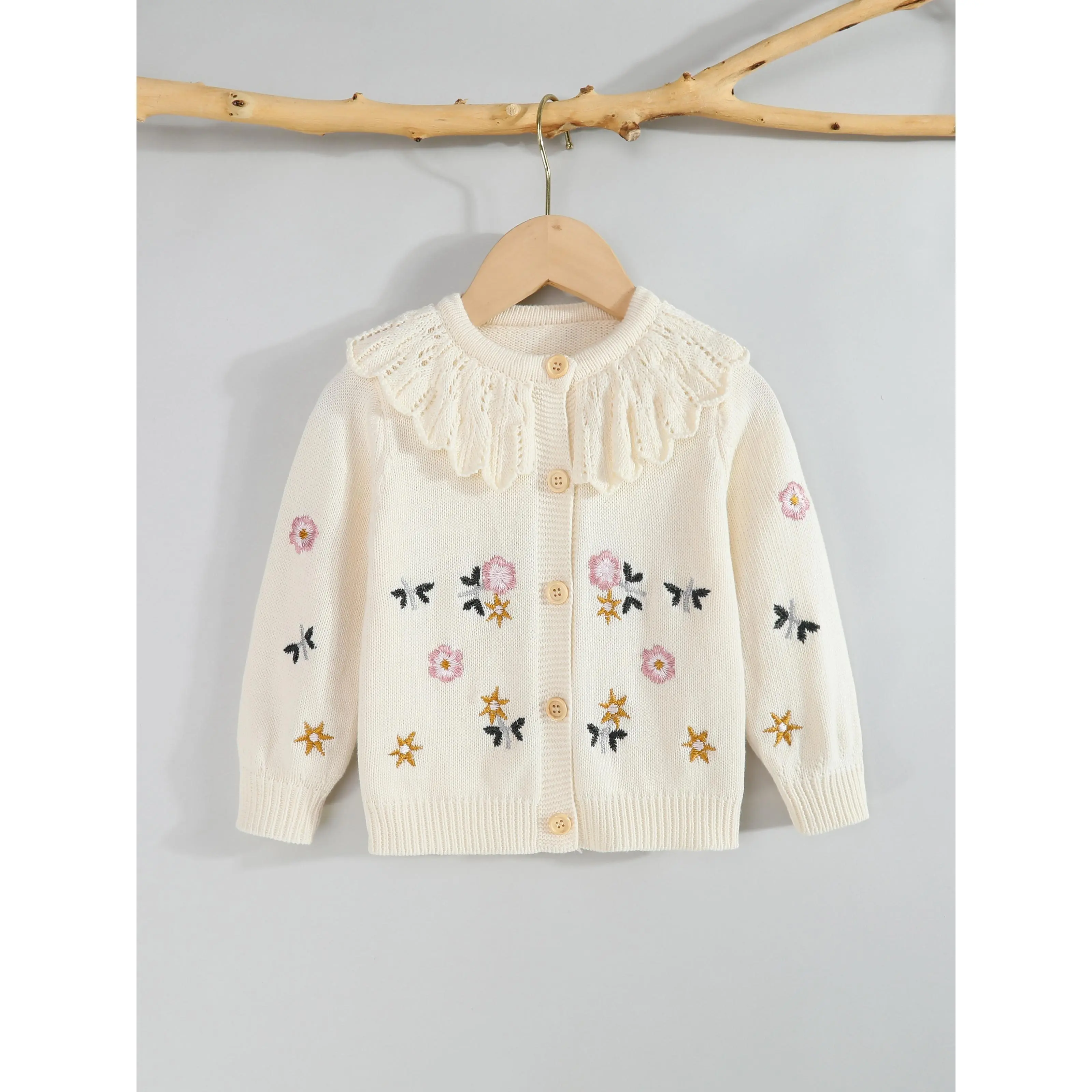 Girls' Ruffle Front Cardigan, Floral Embroidered Knitted Cotton Long Sleeve Jacket for Baby & Toddler Girls, Ruffle-Front Girls' Cardigans