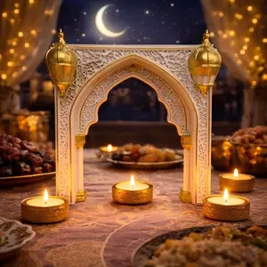 1 PC Ramadan Mosque Arch Candle Holder Decor | Islamic Table Centerpiece Light Ambience Ornament Festive Gift Room Decor Lantern Candle Holder