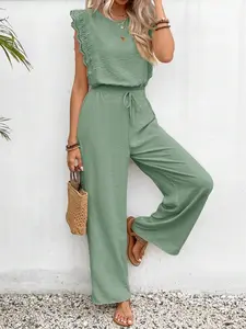 Women's New Style Short Sleeve Loose Fit Top Lace Patchwork Two-Piece Set Long Pants Suit, Casual Woven Fabric All Season Wear