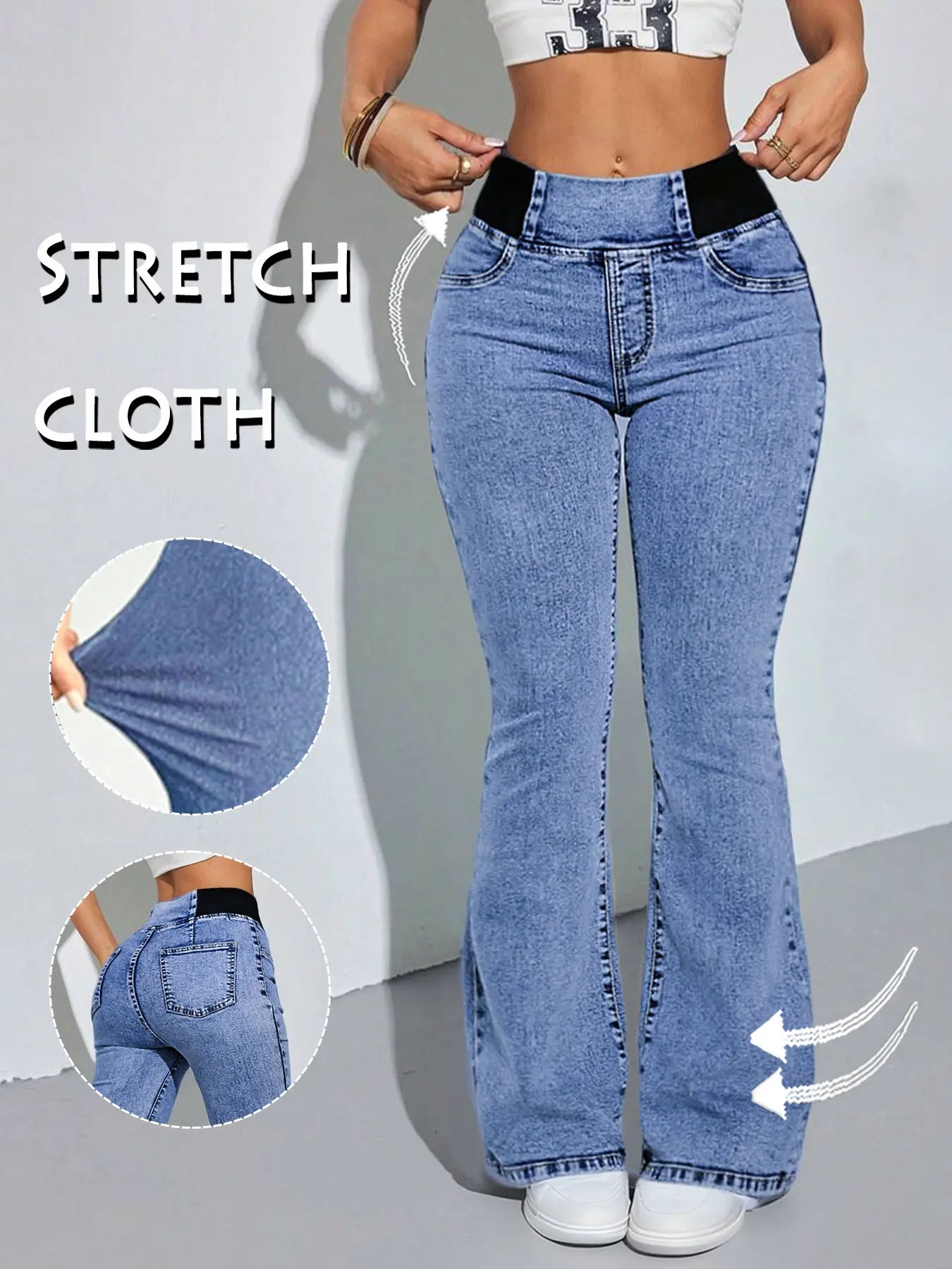 GILIPUR 2025 Y2K French Retro Casual Plain Denim Jeans for Women, Womenswear, High Waist Fit, Mid-Rise Elastic Waist, Pleated Back Waist, Slightly Flared Wide Leg, Light Blue Washed Color with Pockets, Pants, Bottoms
