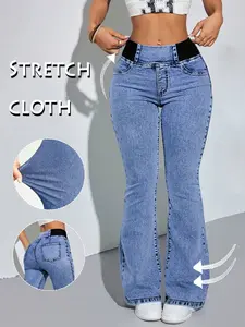 Y2K Vintage Spice Girl Style High Waisted Elastic Waist Flare Jeans, Women's Long Regular Fit Denim Jeans for All Seasons
