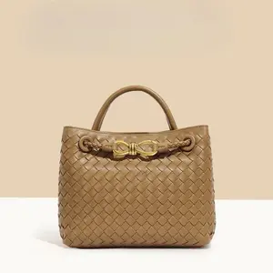 Hand-woven Large-capacity Handbag 2025 New PU Leather Shoulder Messenger Women's Bag with Elegant Woven Design and Gold Accents