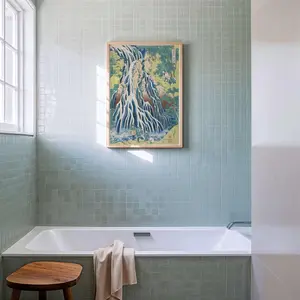 Vintage Japanese Waterfall Print | Hokusai | Green Nature Landscape | Japandi Large Art Print | Graphic Woodblock Minimalist Wall Art