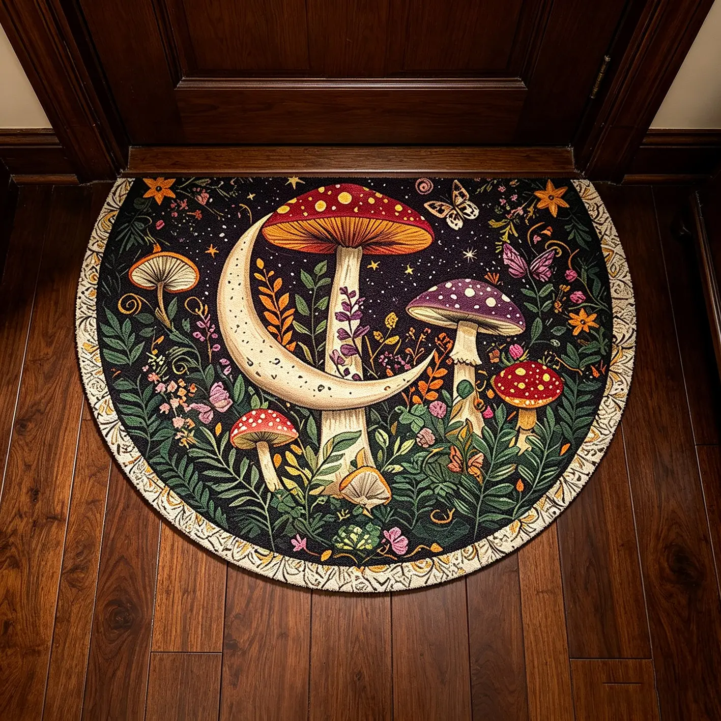 Non-Slip Polyester Door Mat, Bohemian Retro Mushroom Design, Soft Anti-Fatigue, Indoor Outdoor Use, Home Decor Rug, Boho Graphic Rug, Modern Bohemian Rug, Half Circle Pad, Non Slip Doormat