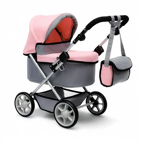 Kids' Convertible Babydoll Pram Stroller - Compact Size, Anti-Tip, Adjustable Handle, Portable, Storage Basket, 4 Non-Slip Wheels, Fits 22" Baby Toys, Birthday Gift for Toddlers, Light Gray/Pink or Pink&Black Polka Dot Babydoll Accessories for Dolls