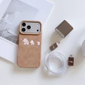 6 Piece Set Cute Elephant Family Phone Case, Charger Head Cover, Cable Protector, Storage Rope, Data Line Protection, iPhone 6-17 Pro Max