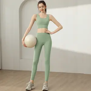 New yoga two-piece set - elegant V-neck back, high-intensity compression and gathering bra for reducing breasts, fitness, pilates, bare-chested high-waist buttock-raising fitness pants, running training