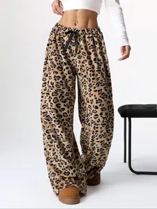 Women's Plaid Heart Leopard Print Wide Leg Pants, High Waisted Loose Fit Bow Design, Winter Warm Fleece Long Trousers
