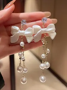 1 Pair Bow Earrings Pearl Bowknot Decorated with Pearl Fringe Retro Long Dangle Design High-End Ins Style Jewelry for Elegant Women Gift
