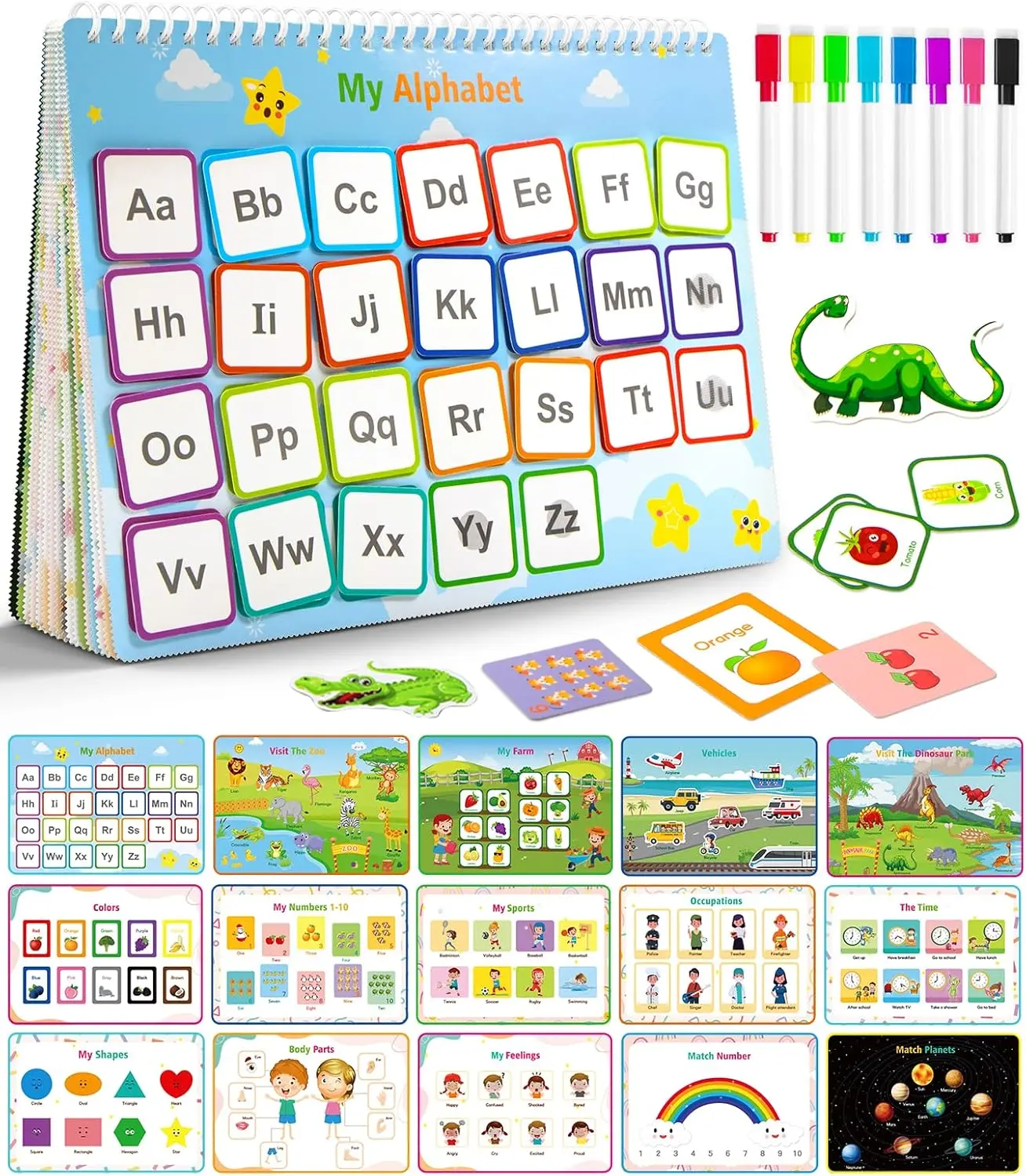 Montessori Busy Book for Toddlers 1-3, 32-Themed Preschool Teaching Supplies, Waterproof Art Marker Set (8 Markers), Visual Learning Tools, Autism Workbook Activity Binder, Toddler Gifts