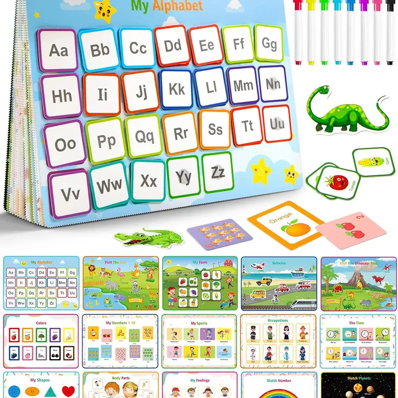 Montessori Busy Activity Book for Toddlers 1-3, 32-Themes Preschool Educational Supply with Waterproof 8-Piece Art Markers, Reusable Pages, Visual Learning Tools, Attention Span Boosting Autism-Friendly Binder, Alphabet Learning Chart Holiday Gift