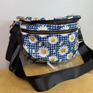 The Roni Nylon Bum Bag Crossbody - Blue Gingham Daisy Floral