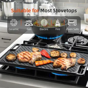 Cast  Griddle Plate,Reversible Pre-Seasoned Cast  Grill Pan for Gas Stovetop, Double Sided Used on Open Fire & in Oven,Pre-Coated With Oil Bakeware Handles Sturdy Thick black Outdoor Charcoal Barbecue Portable Iron Wood Burning Stove deep fryer rack