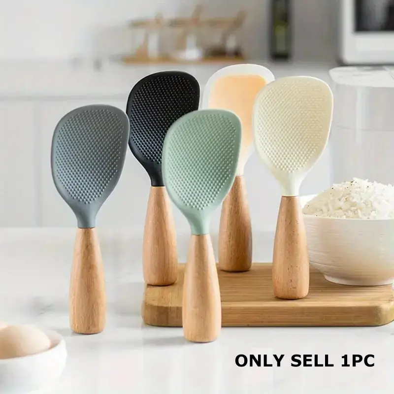 Silicone Spoon with Wooden Handle, 1 Count Heat-Insulation & Heat-Resistant Multifunctional Spatula Spoon for Rice Cooker, Kitchen Tool for Home & Restaurant, Home Kitchen Use, Kitchen Utensils