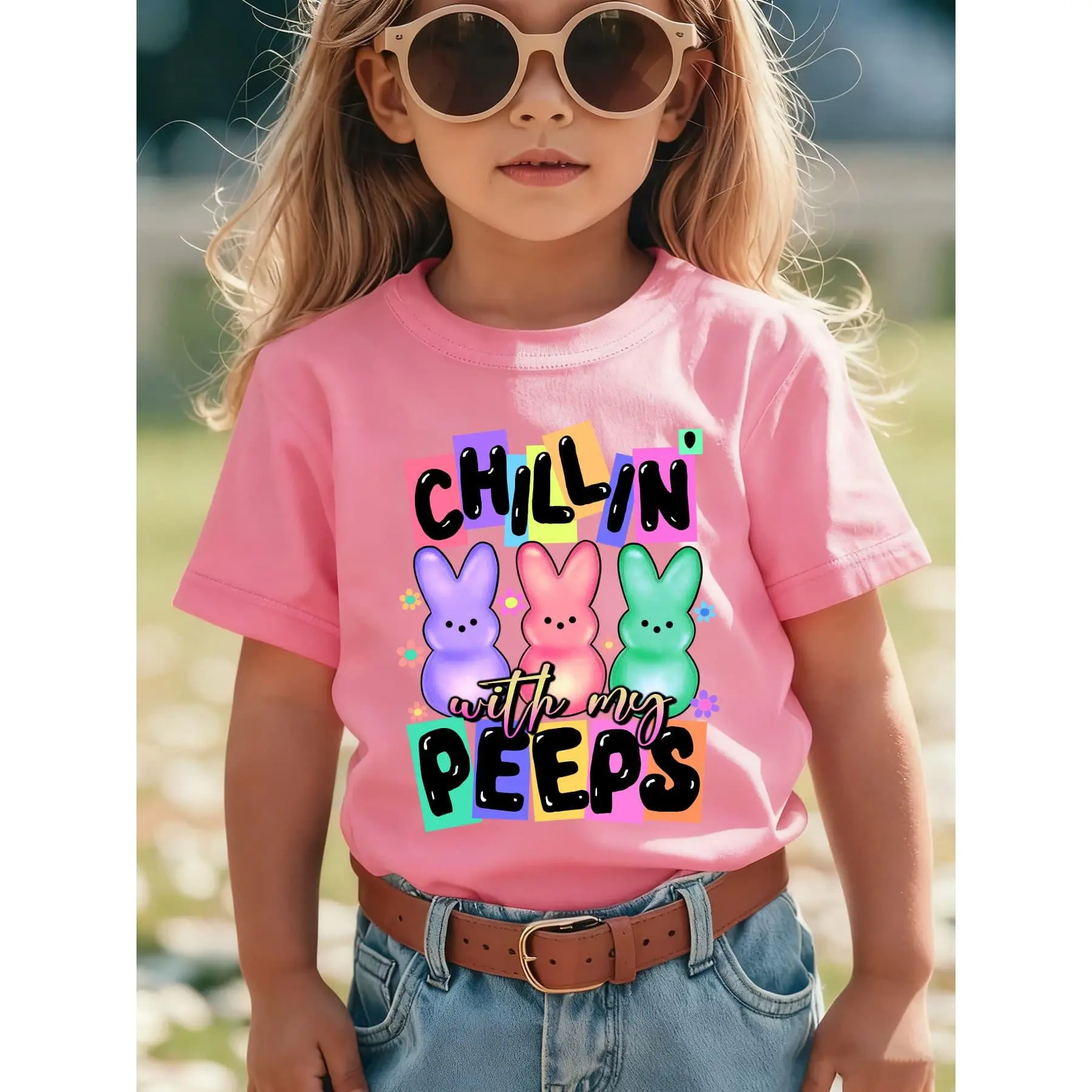 Cute Easter Girls' Short-Sleeve T-Shirt, Summer Fashion Casual Versatile Top with "Chill In with My Peeps" Rabbit Cartoon Print, NY-DX5247
