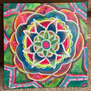 Resilience Acrylic Painting on 24x24 Gallery-style Canvas with Vibrant Blue, Green, and Pink Floral Mandala Design for Modern Art Decor