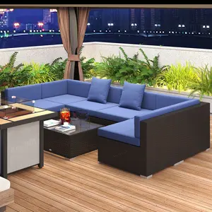 Premium 7-Piece Rattan Outdoor Sofa Set with Cushions and Coffee Table - Dark Coffee and Blue