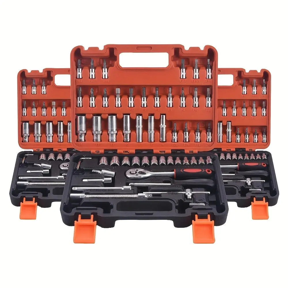 53-Piece Combination Tool Set with 1/4" Ratchet Wrench, Multi-Functional Repair Kit for Car, Motorcycle, Home, and Boat Maintenance, Stainless Steel, Mixed Color, Uncharged, Includes Storage Case