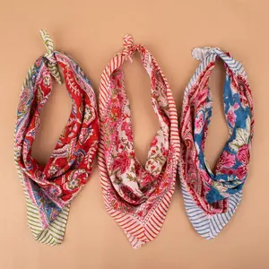 Lightweight Boho Block Print Bandana Scarf, Cotton Neck Or Hair Wrap, Handmade Eco-Friendly Gift Idea For Unisex Use - Set of 3