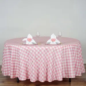 Polyester Round Tablecloth 108" White/Rose Quartz Checkered Buffalo Plaid Table Cover