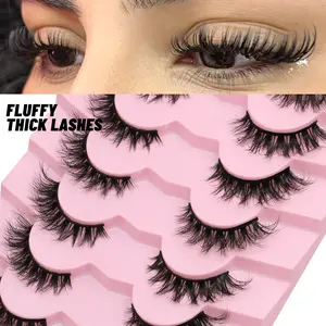GROINNEYA 7 Pairs Thick Volume Full Strip Lashes Fluffy Wispy False Eyelashes Thin Band Eyelashes Curl Strip Faux Mink Eyelashes Clear Soft Lashes ,Suitable For Self Use At Home Or On-The-Go For Daily Life