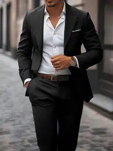 Men'S 2pcs Suit Set - Formal Business Attire with Jacket & Trousers, Slim Fit Non-Stretch Fabric, Button-Up Lapel Collar, Collared, Long Sleeve, Solid Color, All-season Wedding Party Wear, Business Attire, Sleek Design, Stylish Men