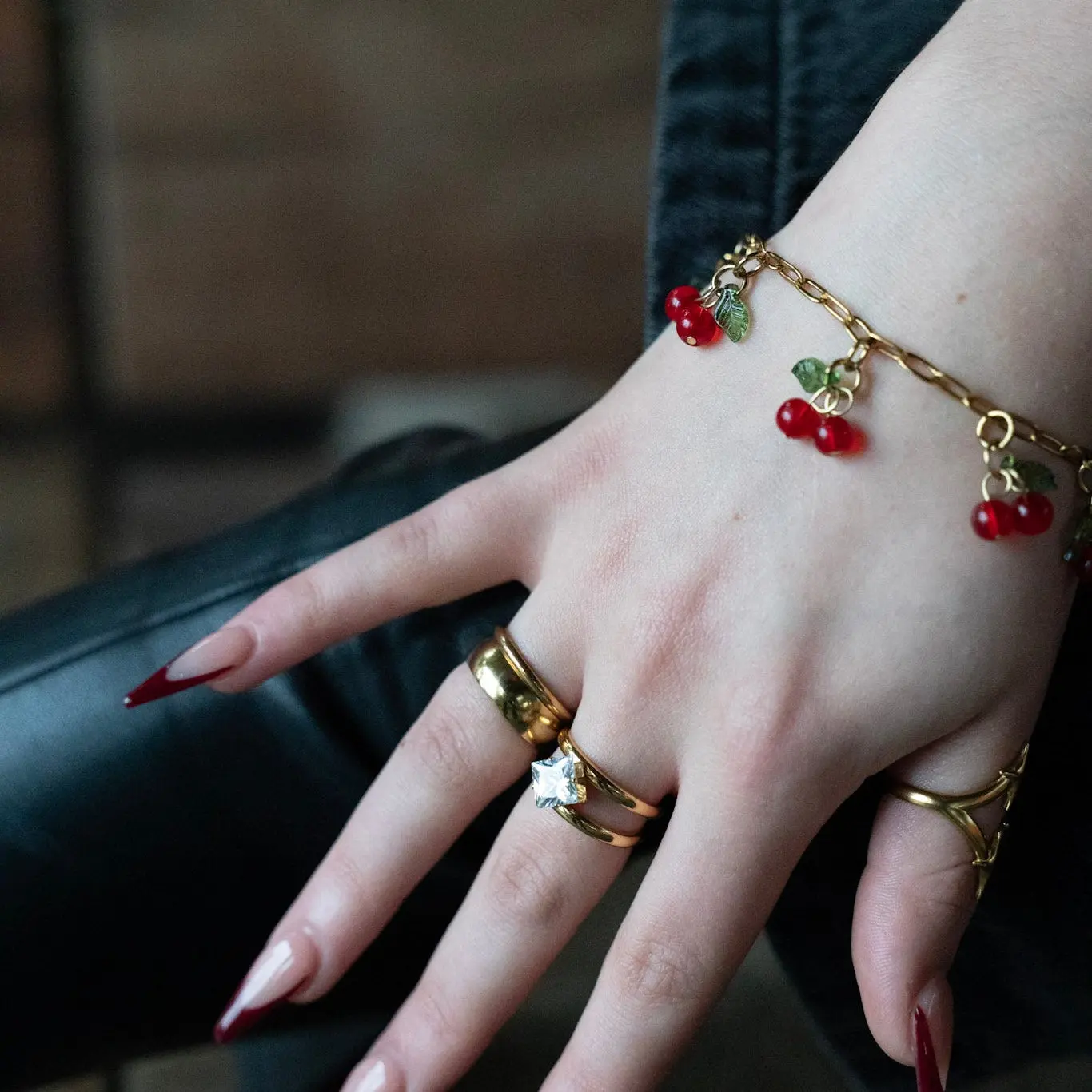 Libertad Co NYC Cherry Kiss Pearl Bracelet, Cherry Charms Jewelry, Feminine Jewelry, Fun Statement Piece, Polished Gold Chain, Stackable Bracelet for Women