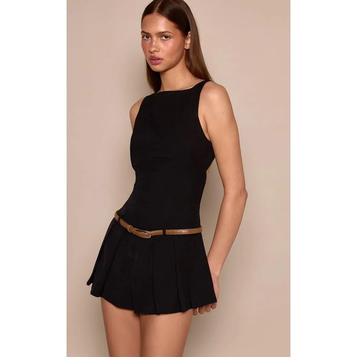 Woven Belt Detail Pleated Skort Playsuit