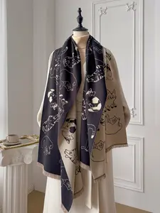 Women's Cute Cat Pattern Fringe Scarf, Soft Warm Shawl for Fall & Winter, Fashion Accessory for Women and Girls