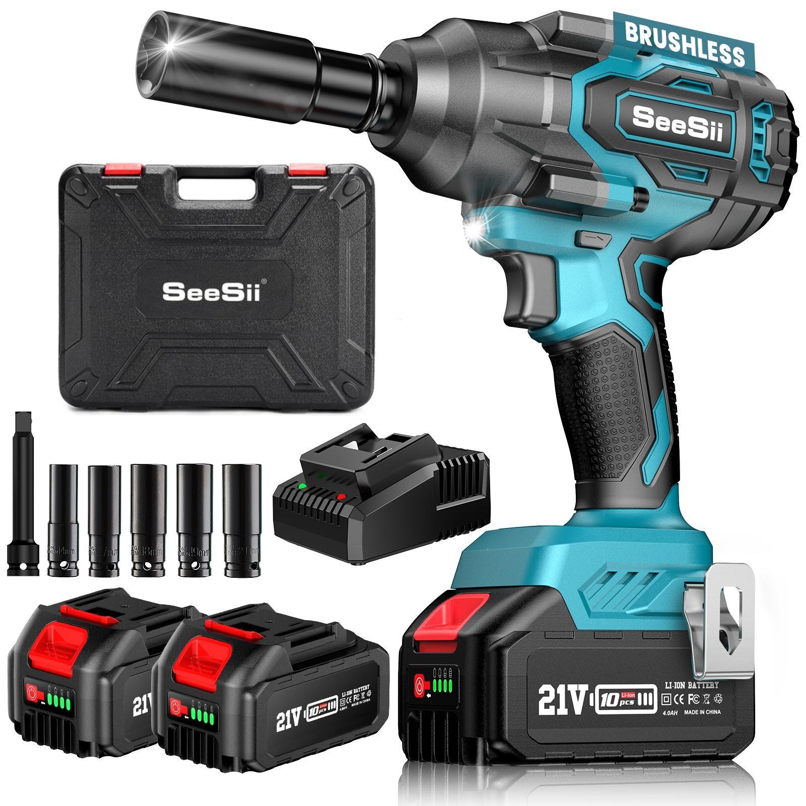 Seesii 1000Nm(738ft-lbs) Cordless Impact Wrench,1/2" High Torque Brushless Impact Wrench w/2x 4.0Ah Battery,Fast Charger