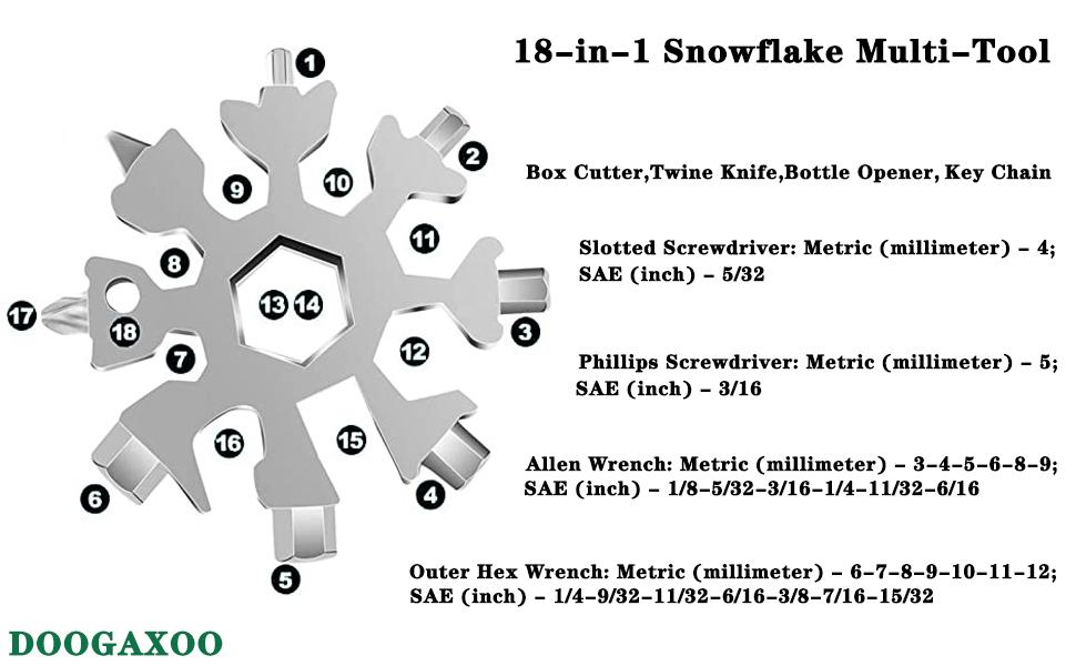 18-in-1 Snowflake Multi Tool,Function Stainless Steel Bottle Opener/Wrench, Flat Cross Screwdriver Kit Snowflake, Outdoor Durable and PortableGreat Gift for Mens (silvery)