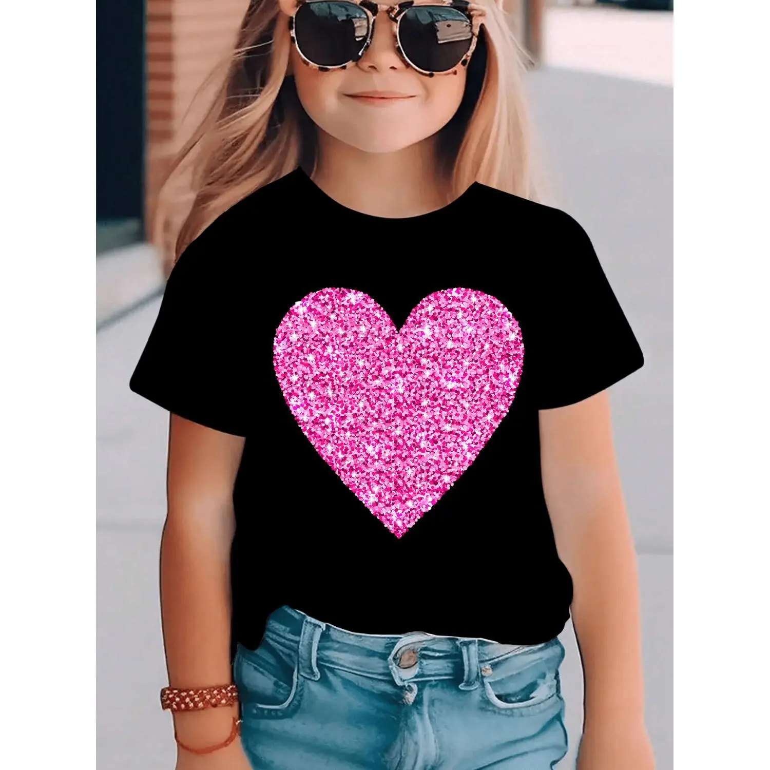 Summer Fashion Girls Cotton T-shirt with Pink Heart Print Casual Versatile Top