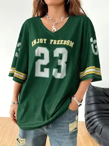 Women's Y2K Retro Breathable Mesh Jersey Top, Loose Fit Digital Print Short Sleeve Tee, Summer Fashion Tiktok Trending Streetwear Casual Wear Womenswear