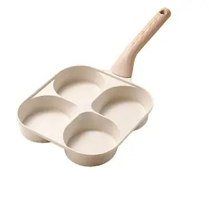 Multifunctional 4-Hole Non-stick Egg Frying Pan with Wooden Handle for Breakfast & Pancakes