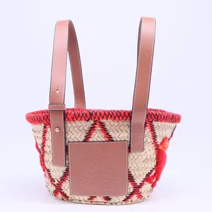 Pre-owned Loewe LEATHER Shoulder Bags Basket Tote Embroidered Raffia B20915