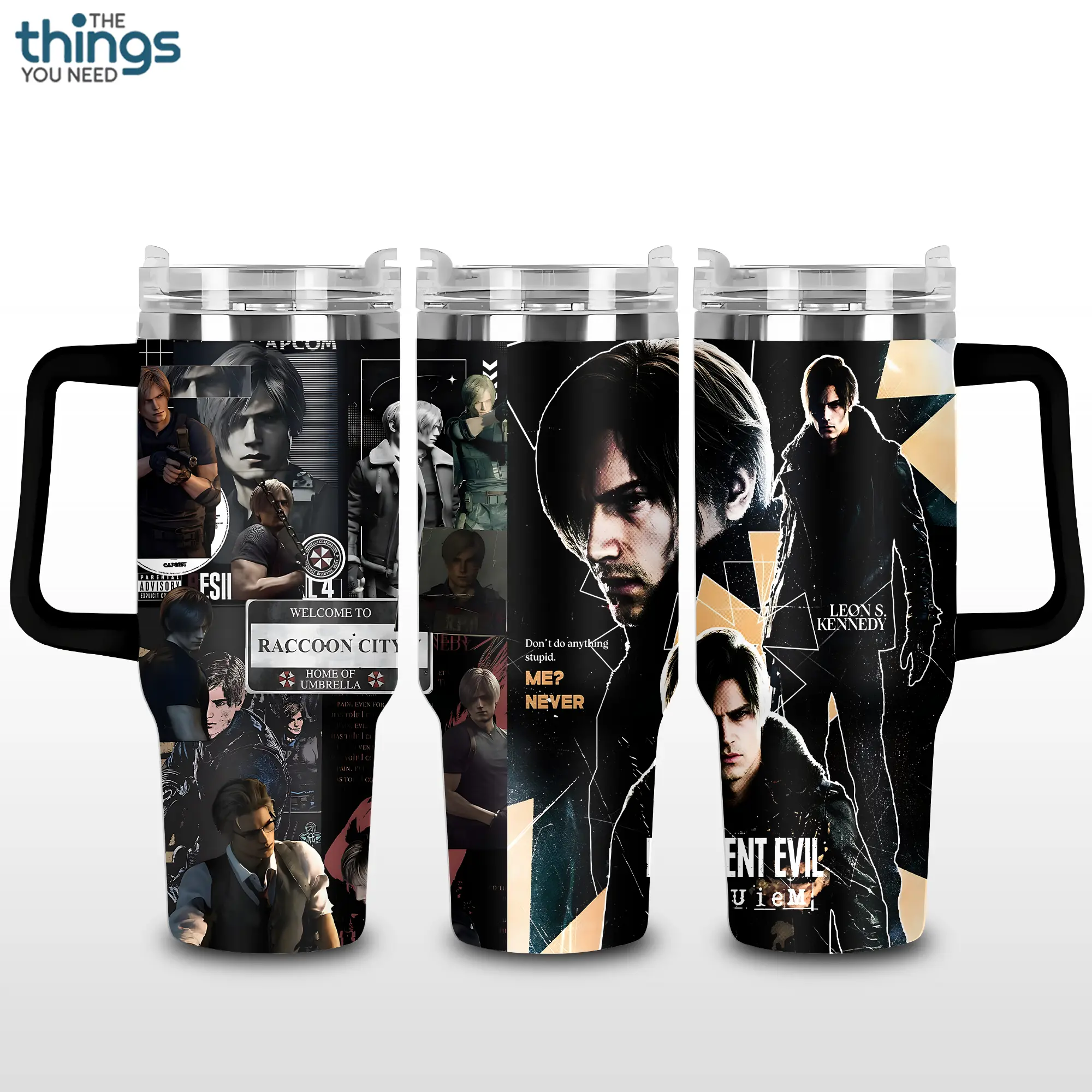 Leon Kennedy - Resident Evil V2 Inspired Tumbler 40oz & 20oz, Insulated Stainless Steel Travel Mug with Handle & Lid, Double Wall Vacuum Cup, Survival Horror Game Aesthetic Gift, Water Bottle, Daily Use