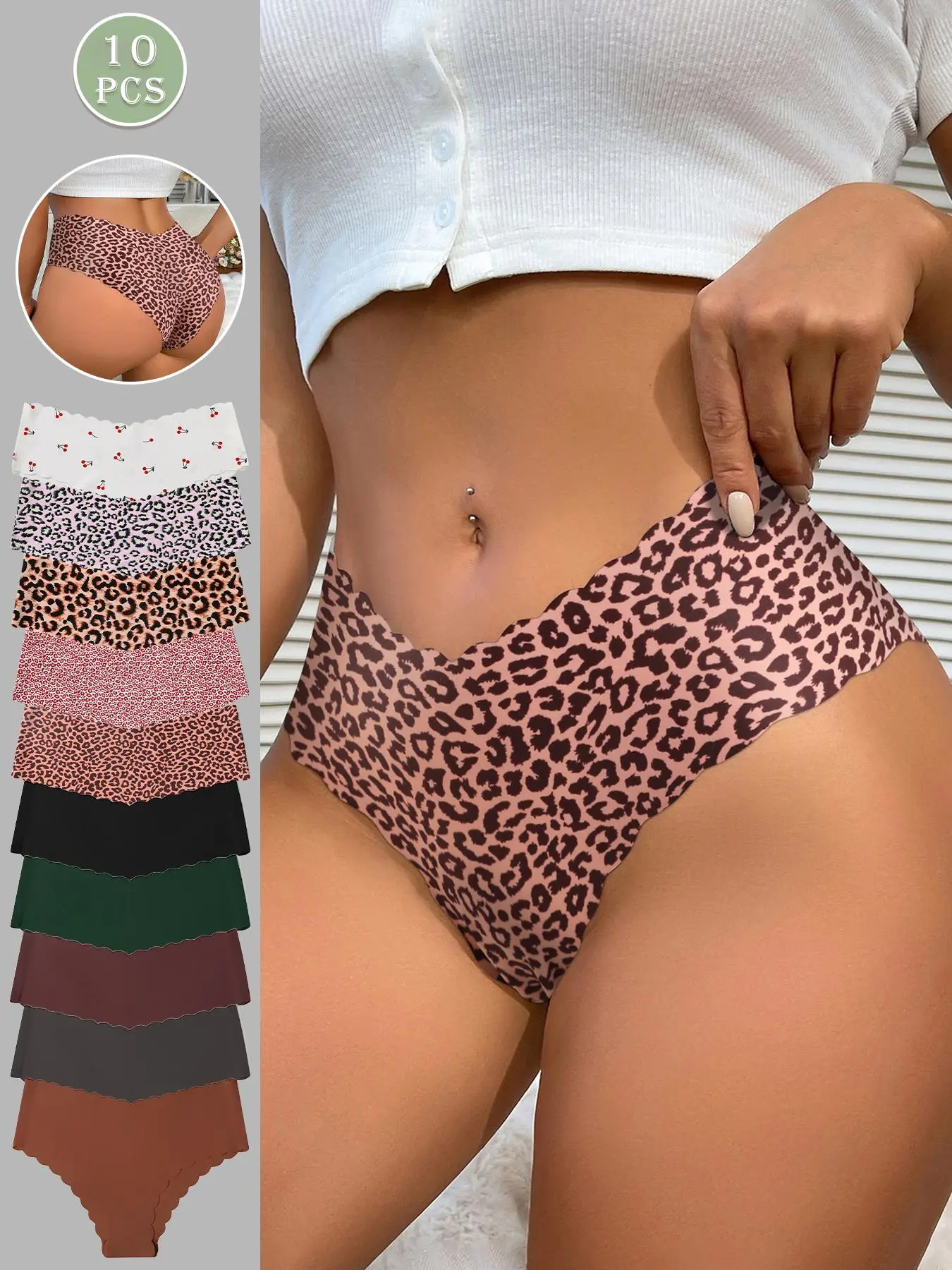 Women's Seamless Scallop-Trim Slim-Fit Panties, Breathable Stretch Panties, Breathable High-Elastic Briefs, Leopard & Solid Colors, All-Season Underwear, Breathable Seamless Knickers, Seamless High Elasticity, Womenswear, Fitted Panties