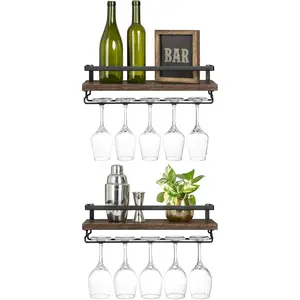 Wall Mounted 2-Piece Rustic Wood Wine Rack Floating Shelves with Stemware Hanger, Modern Storage Display Holder for Wine Bottles Plants Photos, 17 Inch for Kitchen Dining Room Bar