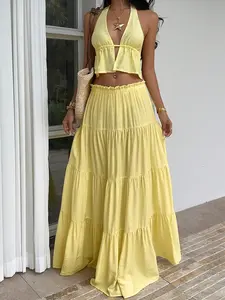 Women's 2-Piece Set, Sleeveless Tie-Back Bodysuit + Flowy Long Skirt, Backless Sexy Design, Summer Beach Vacation Style