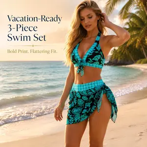3-Piece Halter Swim Set with Cover-Up Skirt Turquoise Floral Print Vacation Swimwear