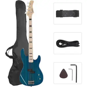 GLARRY GP Series Full Size Electric Bass Guitar 4 String Beginner Kit Canadian Maple Fingerboard with Cable, Strap, Bag and Accessories(Blue)